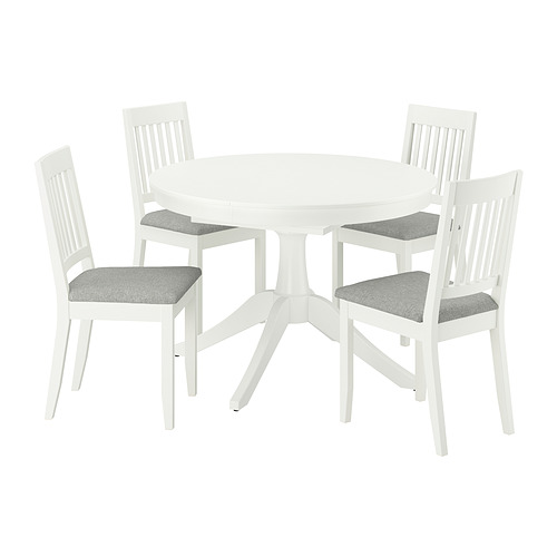 Juego de comedor ROSENTORP blanco: mesa redonda, 4 sillas a juego con cojines grises. Madera maciza, extensible.