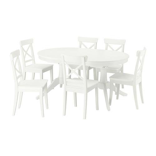 Juego de comedor ROSENTORP blanco: mesa redonda extensible con 6 sillas a juego, madera maciza y superficies pintadas.