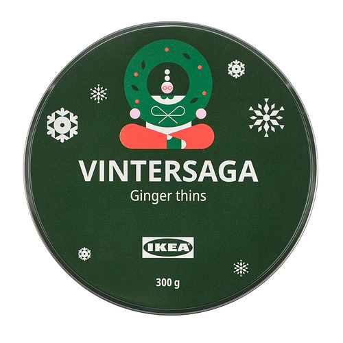 Lata redonda, de color verde oscuro con copos de nieve blancos, etiqueta de jengibre fino VINTERSAGA, 300g.
