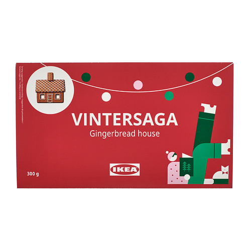 Caja de casa de jengibre VINTERSAGA de Ikeas; rojo con ilustraciones festivas; 300 g.