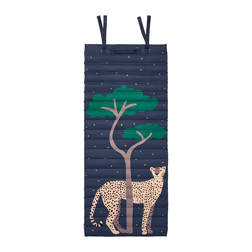 Colchoneta infantil con temática de Savannah, azul marino, acolchado, rectángulo con diseño de guepardo y árbol, materiales reciclados.