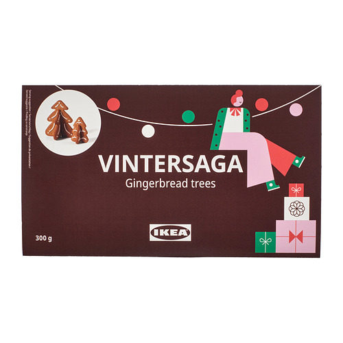 Caja de árboles de jengibre VINTERSAGA de Ikea, embalaje marrón con gráficos festivos.