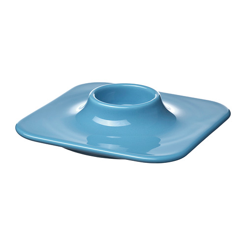 Bandeja de cerámica azul con pozo central, forma rectangular, bordes lisos.