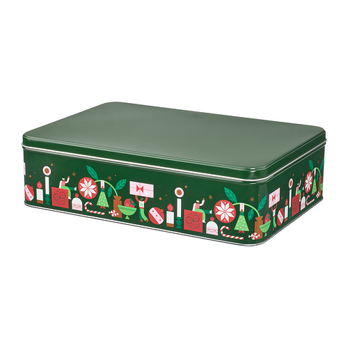 Caja de hojalata verde de temática navideña con diseños navideños, de forma rectangular, fabricada en acero estañado con acabado brillante.