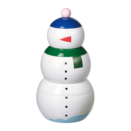 Contenedor con forma de muñeco de nieve; blanco, sombrero azul, bufanda verde; Acero al estaño y aluminio