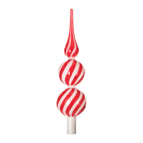 Un adorno de árbol de Navidad arremolinado en rojo y blanco, llamado VINTERFINT, hecho de pintura acrílica y vidrio. Tiene forma cónica con dos secciones bulbosas.