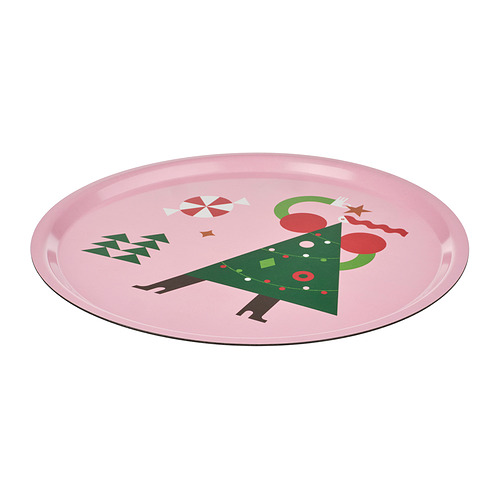 Bandeja de plástico redonda rosa con diseño de árbol de navidad verde.