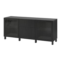 BESTÅ, storage combination with drawer runner, push-open, Black-brown / Lappviken-Sindvik black-brown clear glass
