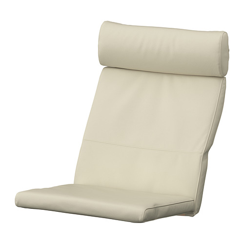 Cojín POÄNG beige: cuero suave, respaldo moldeado, asiento acolchado, diseño neutro.