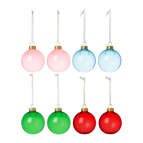 IKEA VINTERFINT: set de 8 adornos navideños redondos de cristal en rojo, verde y azul con tapas doradas y trabillas para colgar.