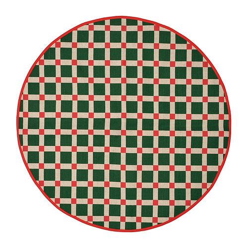 Alfombra redonda de cuadros, rojo y verde con blanco, yute y algodón.