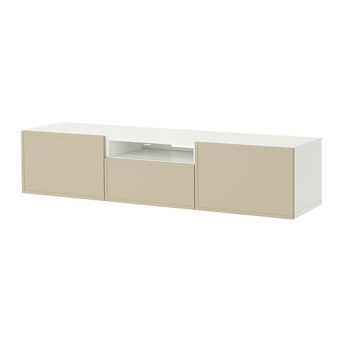 Mueble de tv BESTÅ, blanco roto, rectangular, con dos cajones y almacenamiento de centro abierto. Diseño moderno y minimalista para la gestión de cables.