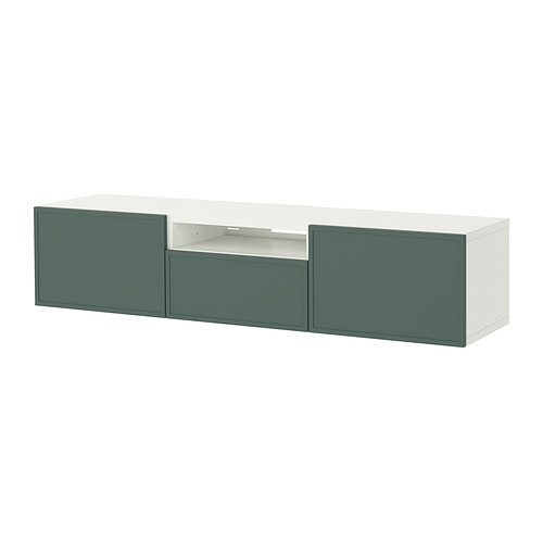 Banco de tv Ikeas BESTÅ en blanco y verde. Tiene una forma rectangular con dos armarios y un estante abierto, diseñado para el almacenamiento y la gestión de cables.