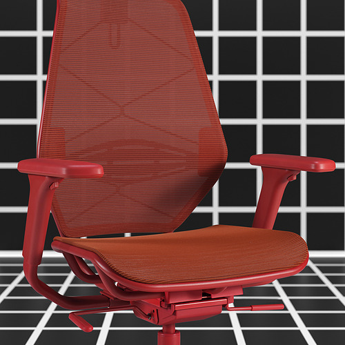 Silla gaming roja con reposabrazos ajustables y respaldo de malla, colocada contra la pared de azulejos.