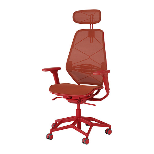 Silla de juego roja STYRSPEL con respaldo de malla, reposacabezas ajustable, soporte lumbar y reposabrazos para mayor comodidad y flujo de aire.