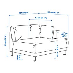 Ilustración de medidas - UPPÅKRA módulo de 1,5 plazas con reposabrazos derecho