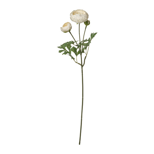 Tallo de flor artificial blanca con dos flores y hojas verdes, fabricado con materiales reciclados.