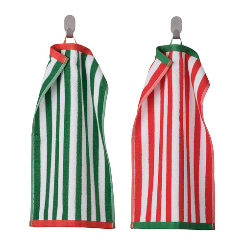 Dos toallas a rayas, verde/rojo, algodón absorbente con rayas llamativas y lazo para colgar.