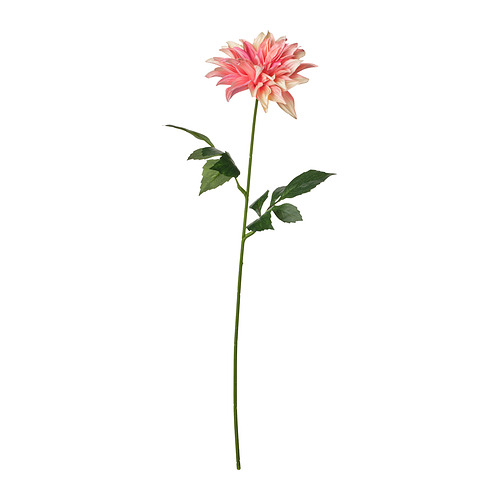 Una sola flor artificial SMYCKA de color rosa claro con hojas verdes en un tallo flexible, diseñada para ser ecológica con materiales reciclados.
