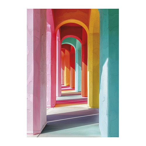 Pasillos vibrantes y coloridos con arcos rosas, amarillos y naranjas. Arte digital de Philippe Hugonnard.