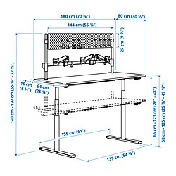 Ilustración de medidas - MÅLOMRÅDE escritorio gaming de pie/sentado eléctrico