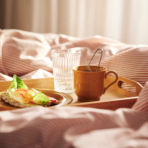 Bandeja de desayuno en la cama con taza, vaso y plato ocre SANDSKÄDDA con sándwich, pasteles y fruta, destacando el diseño acogedor y rústico.