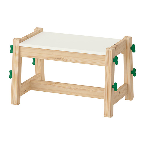 Banco de pino ajustable FLISAT, asiento blanco, tornillos verdes, diseño sencillo para niños.
