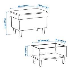 Ilustración de medidas - STRANDMON reposapiés con almacenaje