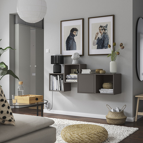 Sala de estar moderna con estantes oscuros de EKET, libros y retratos de gatos sobre un sofá beige y una mesa de café con plantas.