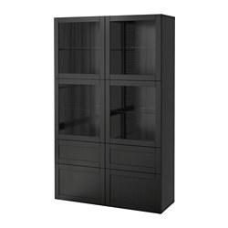 BESTÅ, display cabinet with draver rail, soft close, Hanviken / Sindvik black-brown clear glass