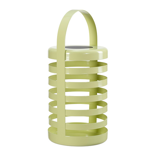 Una linterna SOLVINDEN verde con mango circular, hecha de plástico abs y acero recubierto de acrílico, con un diseño en espiral apilado.