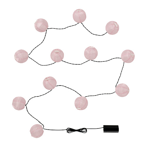 Cadena de 10 farolillos esféricos rosas, alimentados por caja de batería negra.