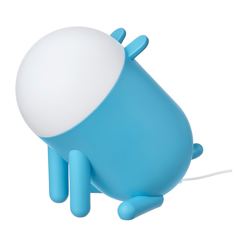 Lámpara GREJSIMOJS azul con globo blanco; Cuatro patas, diseño redondeado.