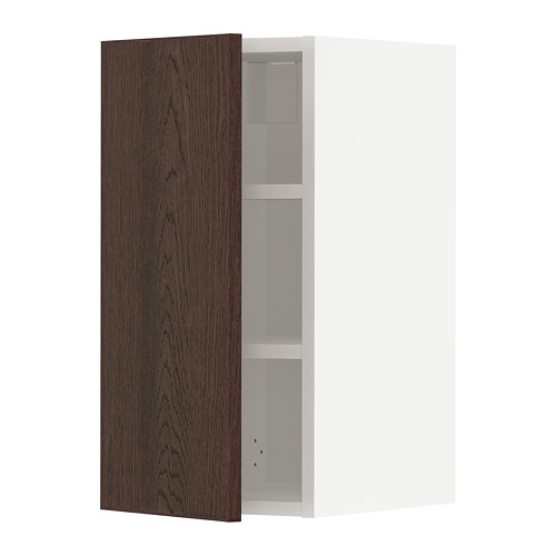 Armario de pared abierto, madera marrón oscuro, interior blanco, estante ajustable.