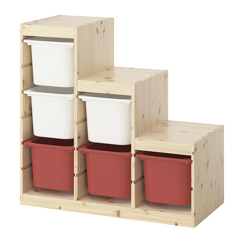 Ikea TROFAST: almacenamiento de pino ligero, contenedores rojos y blancos, forma de cubo, diseño modular.