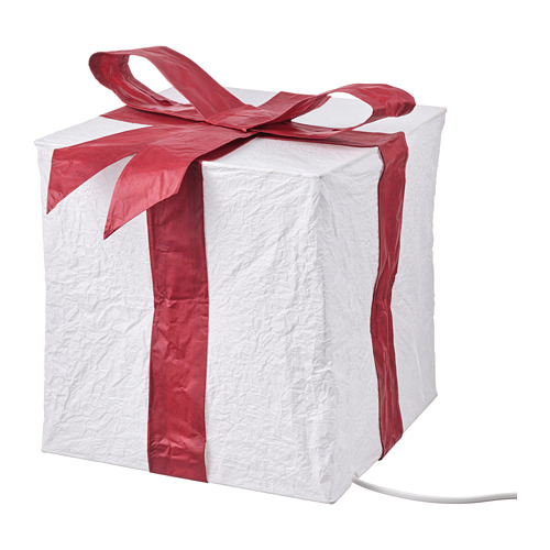 Caja de regalo de papel blanco con lazo de cinta roja. Diseño sencillo y festivo.