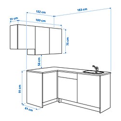 Ilustración de medidas - KNOXHULT cocina de esquina con grifo LAGAN
