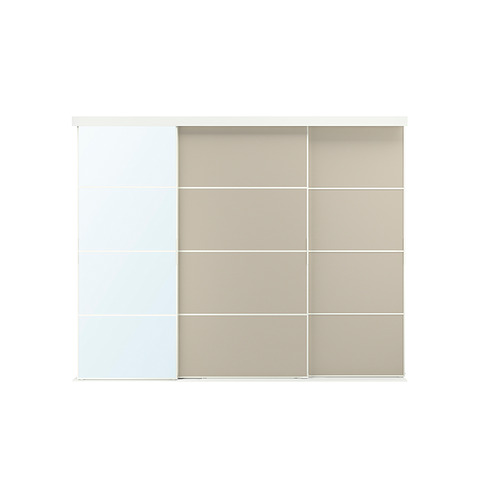 Armario SOTTTA, blanco, puerta corredera de tres hojas. Uno espejado, dos paneles de vidrio esmerilado.