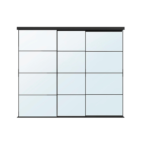 Puerta corredera de vidrio SOTTTA, diseño moderno y elegante, cuatro paneles de vidrio transparente en marco negro, ofrece una garantía de 10 años.