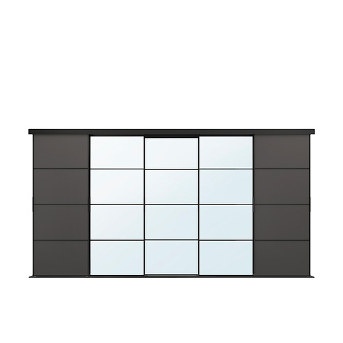 Una configuración de puerta corredera SKYTTA con marcos negros, paneles de vidrio transparente y lados marrones oscuros. Es un diseño minimalista y moderno.
