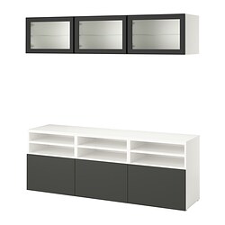 BESTÅ, TV storage combination/glass doors, White / Lappviken-Fällsvik anthracite reeded glass