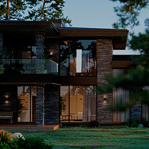 Casa moderna con luces GETKÅL en balcón y fachada, brillo cálido, exterior oscuro, diseño elegante, vegetación.
