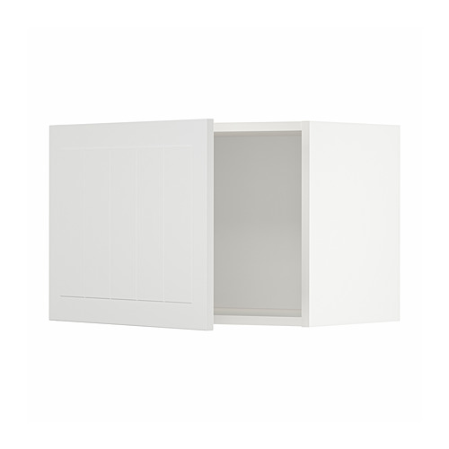 Un mueble de cocina METOD blanco. Es rectangular con líneas elegantes y limpias y un diseño moderno. El armario es una puerta plana con ranuras verticales.