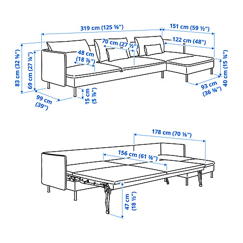 Measurement Illustration - SÖDERHAMN 4-seat sofa-bed