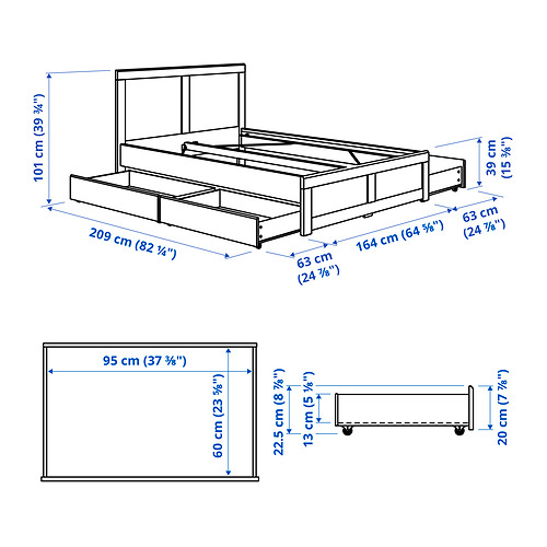 Measurement Illustration - FÅGELFJÄLLET bed frame with 4 storage boxes