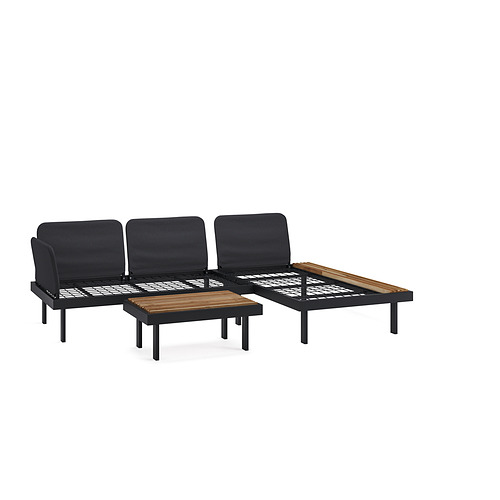 Moderno salón exterior negro con sofá, mesa de centro y tumbona. Cómodo y elegante para relajarse.