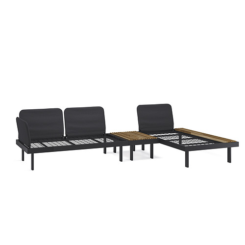 Modernos muebles de exterior en color gris oscuro, incluyen sofá, tumbona y mesa de centro. Diseño elegante y modular.