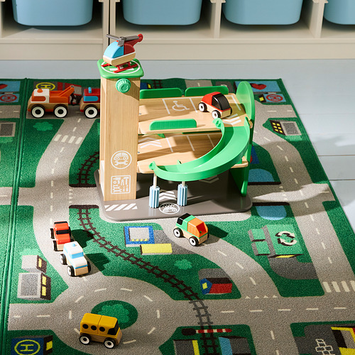 Alfombra de juego LILLABO con coches de juguete, carreteras, garajes. Brillante, suave, diseño urbano.
