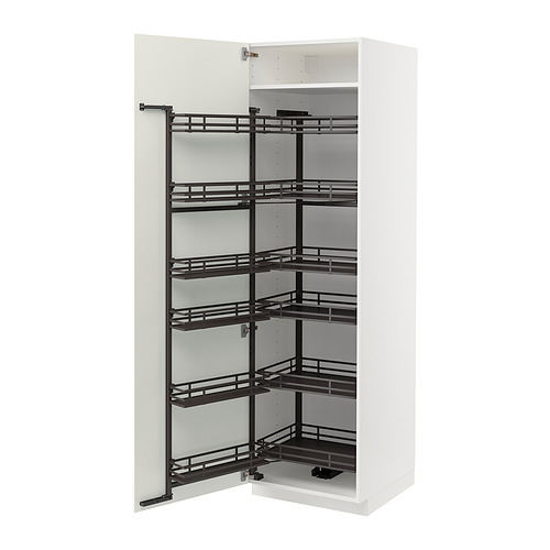 Exhibe un mueble de cocina METOD blanco con un especiero extraíble. Tiene seis estantes y un diseño elegante y moderno.