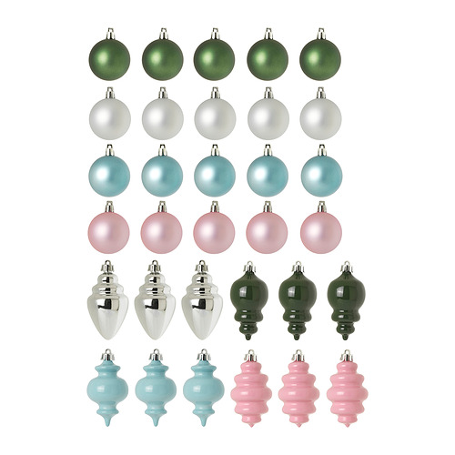 Set VINTERFINT: 32 adornos navideños en colores pastel, plástico, redondos y en forma de lágrima.